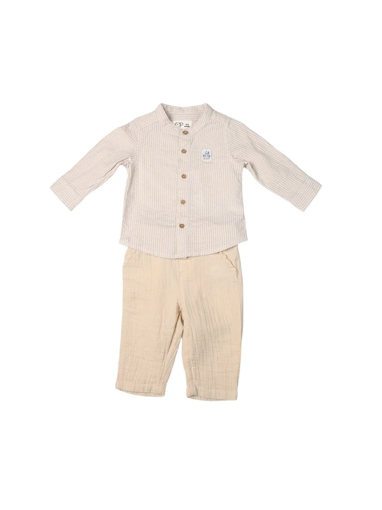 HOP Baby Boys Beige Striped Cotton Shirt and Pants Set - Image 2