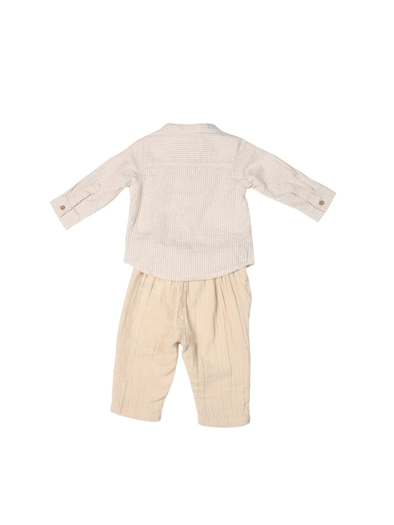 HOP Baby Boys Beige Striped Cotton Shirt and Pants Set - Image 3