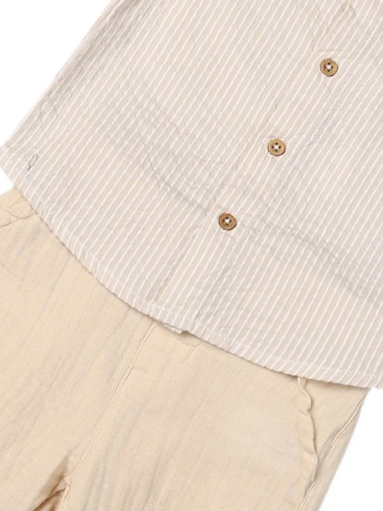 HOP Baby Boys Beige Striped Cotton Shirt and Pants Set - Image 4