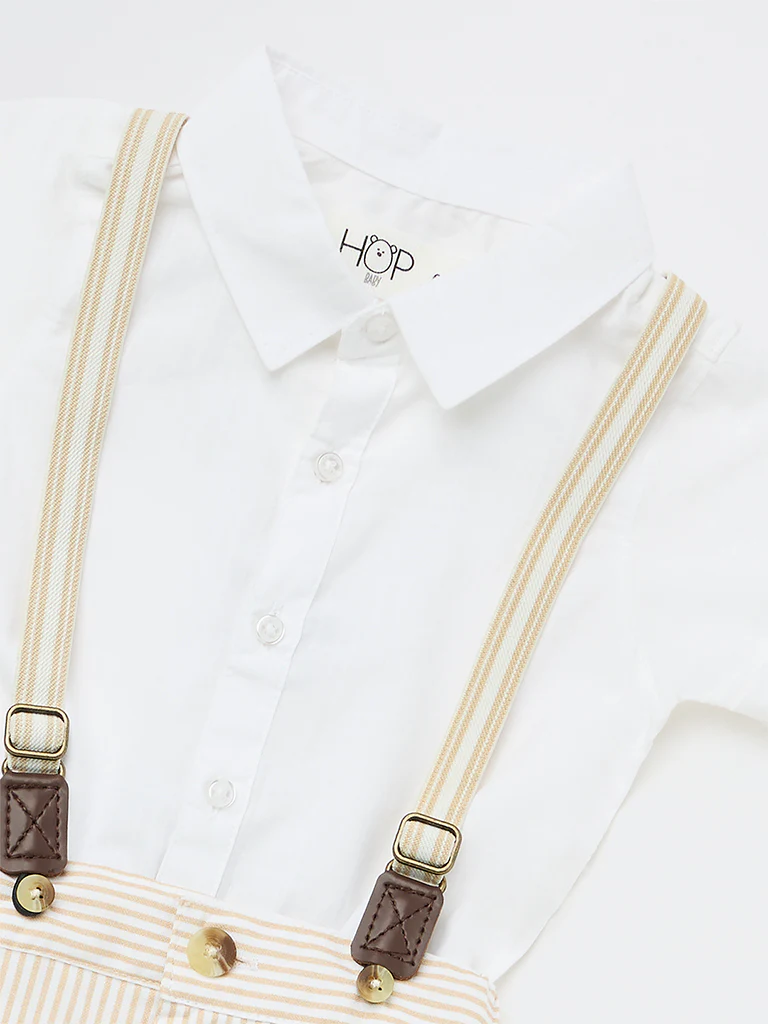 HOP Baby Boys Beige Striped Cotton Shorts, Shirt and Suspenders Set - Image 4