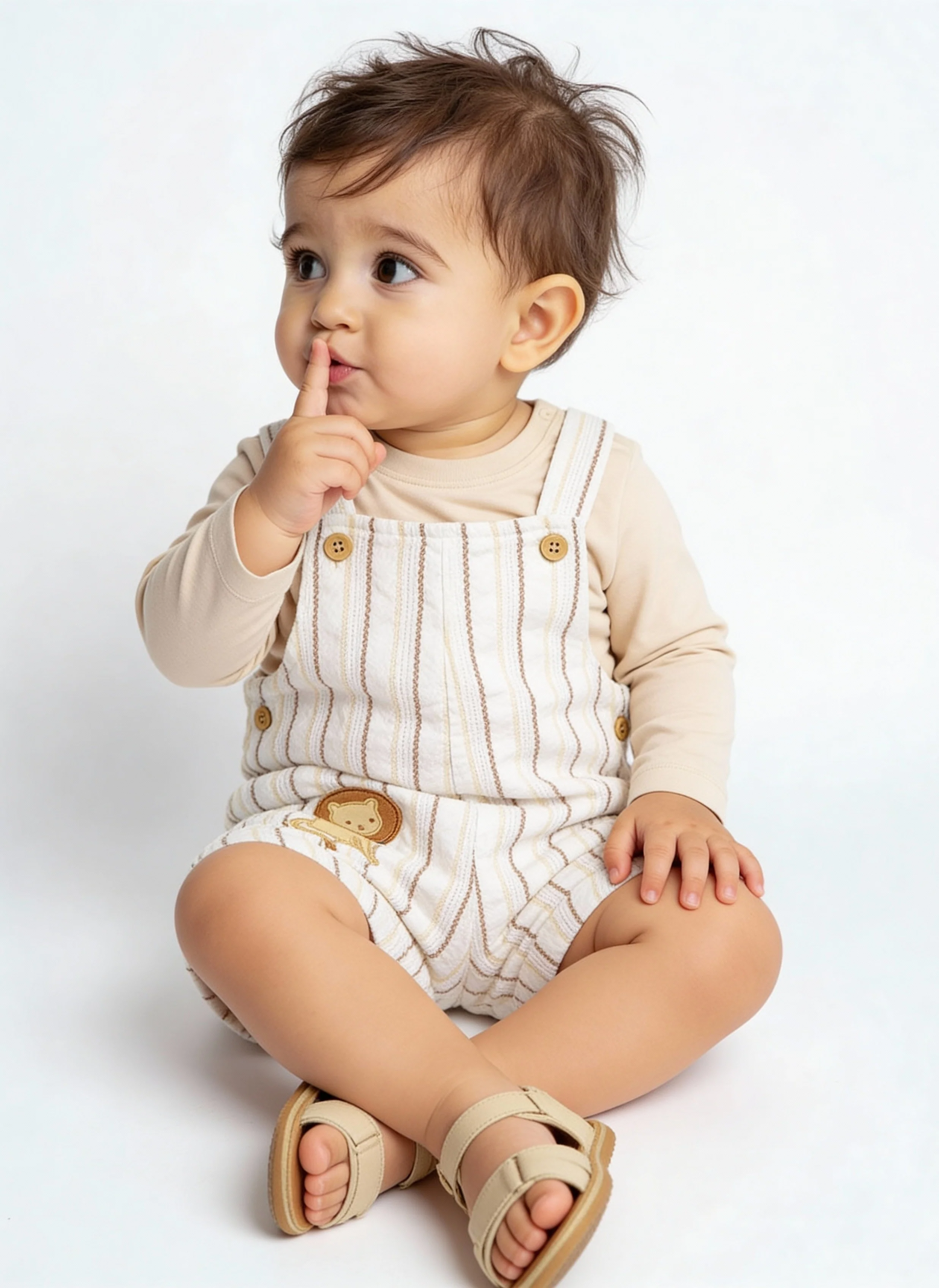 HOP Baby Boys Beige Striped Cotton T-Shirt and Dungaree Set