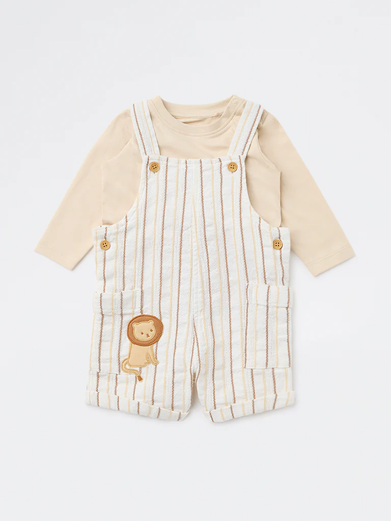 HOP Baby Boys Beige Striped Cotton T-Shirt and Dungaree Set - Image 2