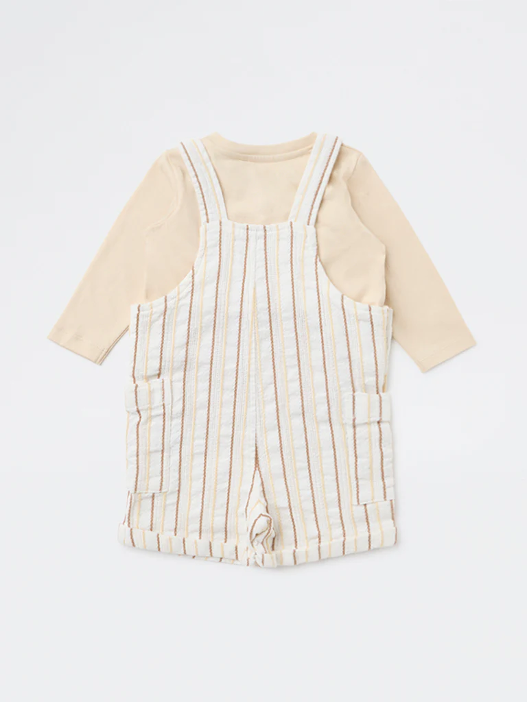 HOP Baby Boys Beige Striped Cotton T-Shirt and Dungaree Set - Image 3