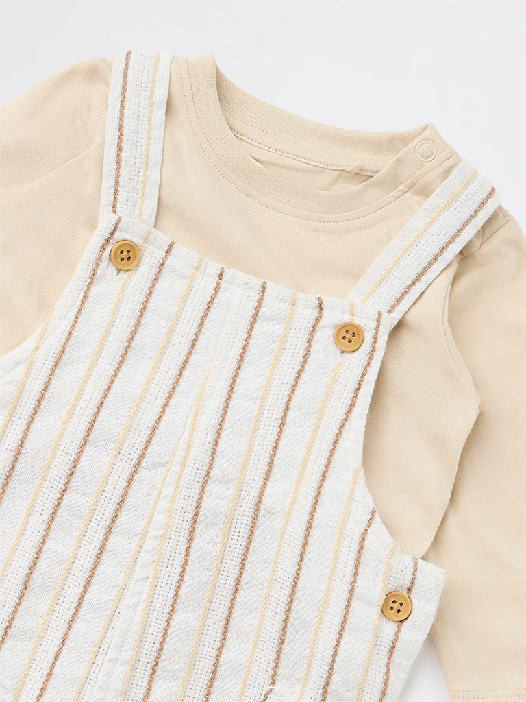 HOP Baby Boys Beige Striped Cotton T-Shirt and Dungaree Set - Image 4