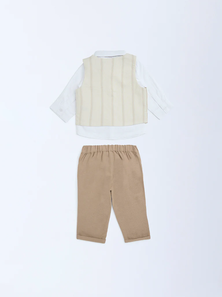 HOP Baby Boys Beige Striped Cotton Waistcoat, Shirt, Trousers and Bow Set - Image 3