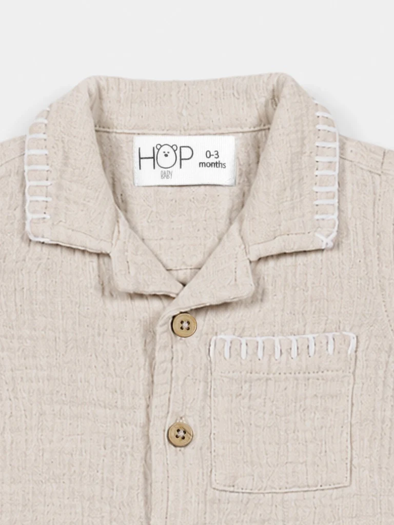 HOP Baby Boys Beige Textured Cotton Shirt and Shorts Set - Image 3