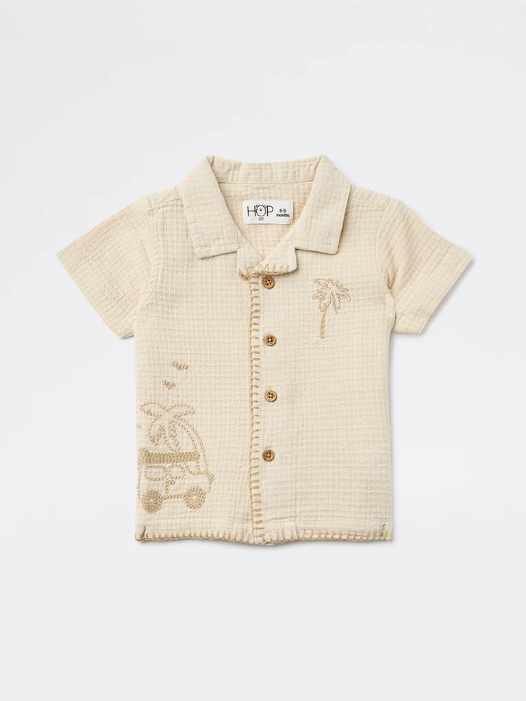 HOP Baby Boys Beige Waffle-Textured Cotton Shirt - Image 2