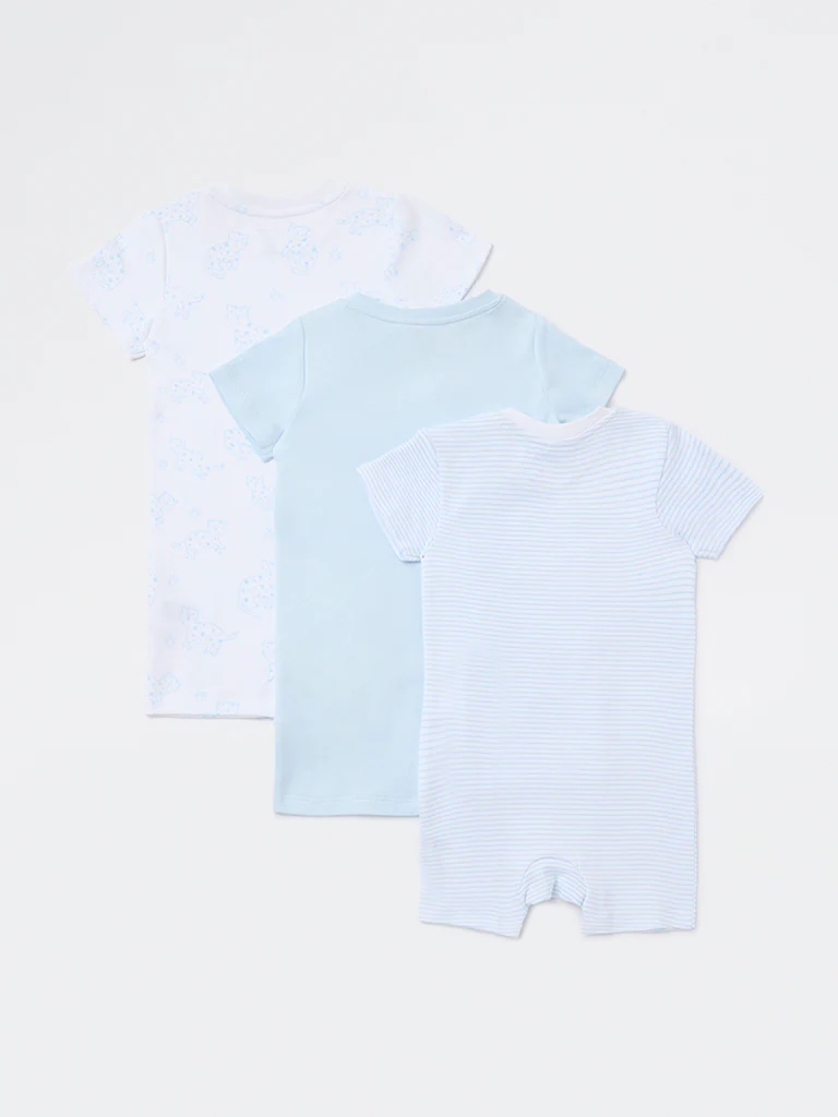 HOP Baby Boys Blue Animal Design Cotton Rompers - Pack of 3 - Image 3