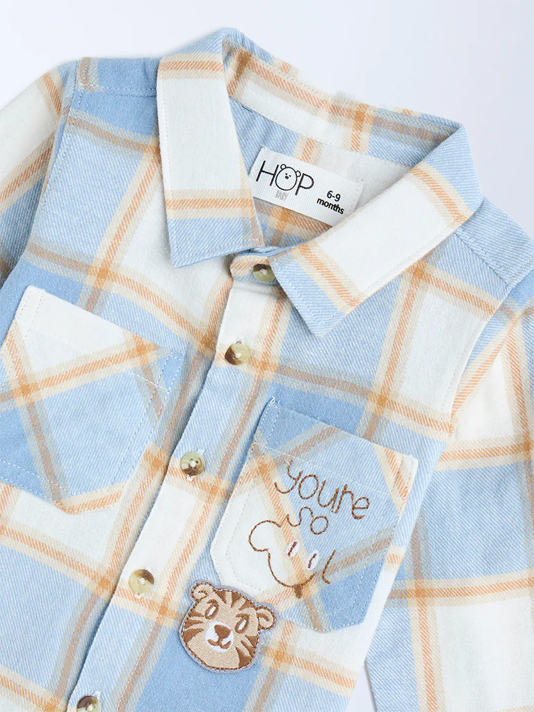 HOP Baby Boys Blue Checkered Cotton Shirt - Image 4