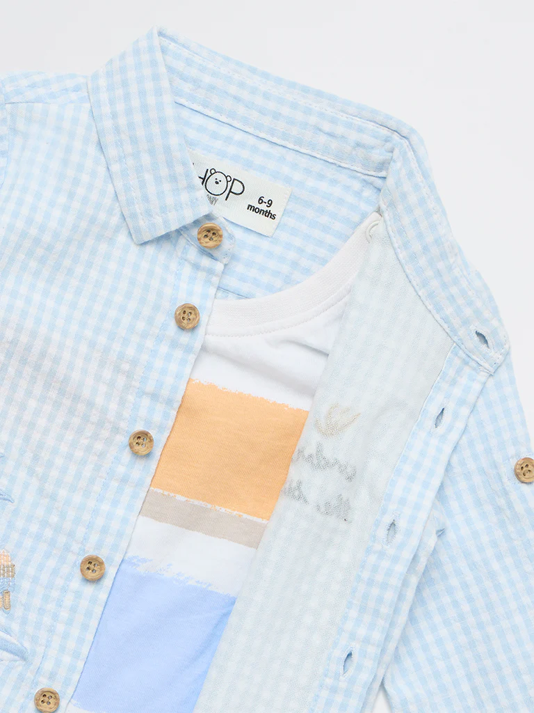 HOP Baby Boys Blue Checkered Cotton Shirt - Image 3