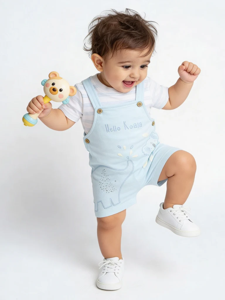 HOP Baby Boys Blue Cotton Dungaree and T-Shirt Set