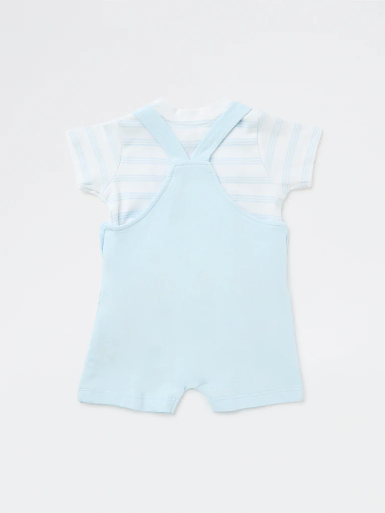 HOP Baby Boys Blue Cotton Dungaree and T-Shirt Set - Image 3