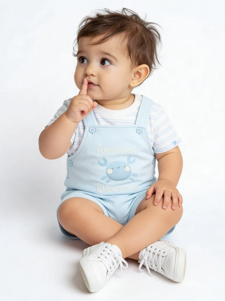 HOP Baby Boys Blue Striped Cotton Dungaree with T-Shirt Set
