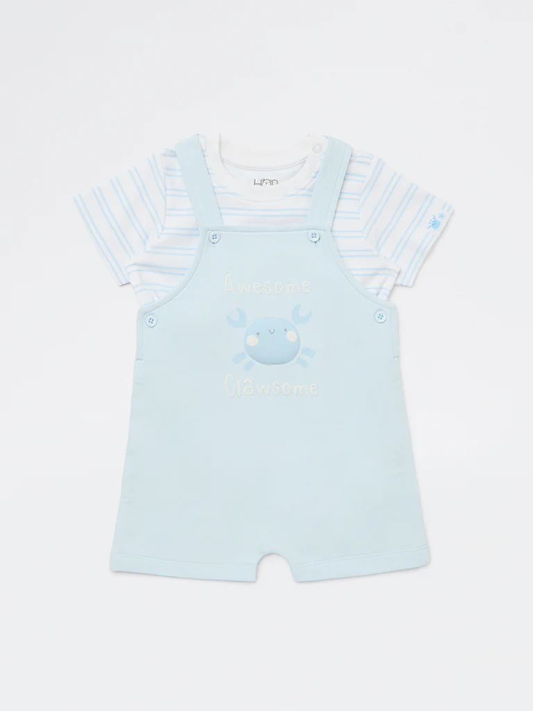 HOP Baby Boys Blue Striped Cotton Dungaree with T-Shirt Set - Image 2