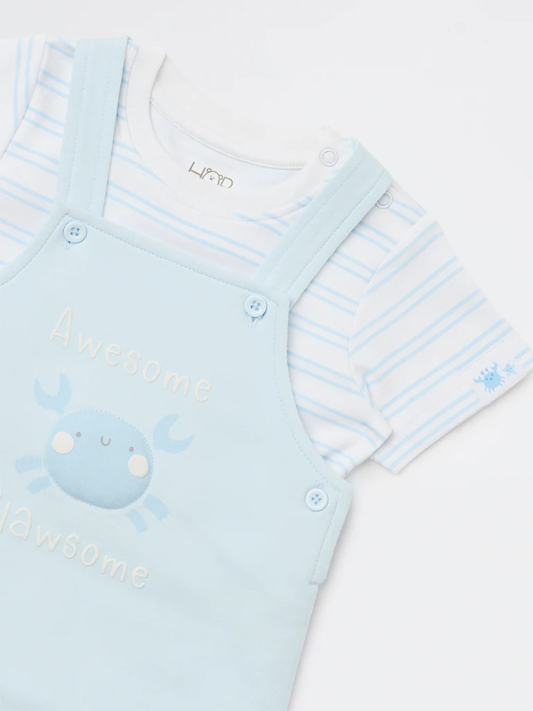 HOP Baby Boys Blue Striped Cotton Dungaree with T-Shirt Set - Image 4