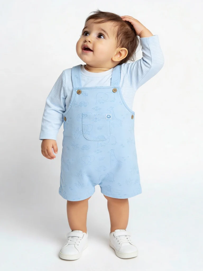 HOP Baby Boys Blue Cotton Dungaree with T-Shirt Set