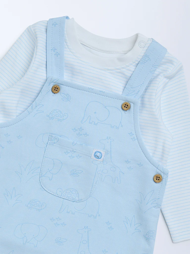 HOP Baby Boys Blue Cotton Dungaree with T-Shirt Set - Image 4