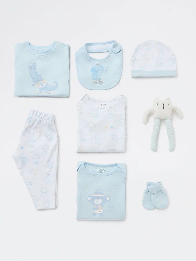 HOP Baby Boys Blue Cotton Gift Set (Pack of 8) - Image 3