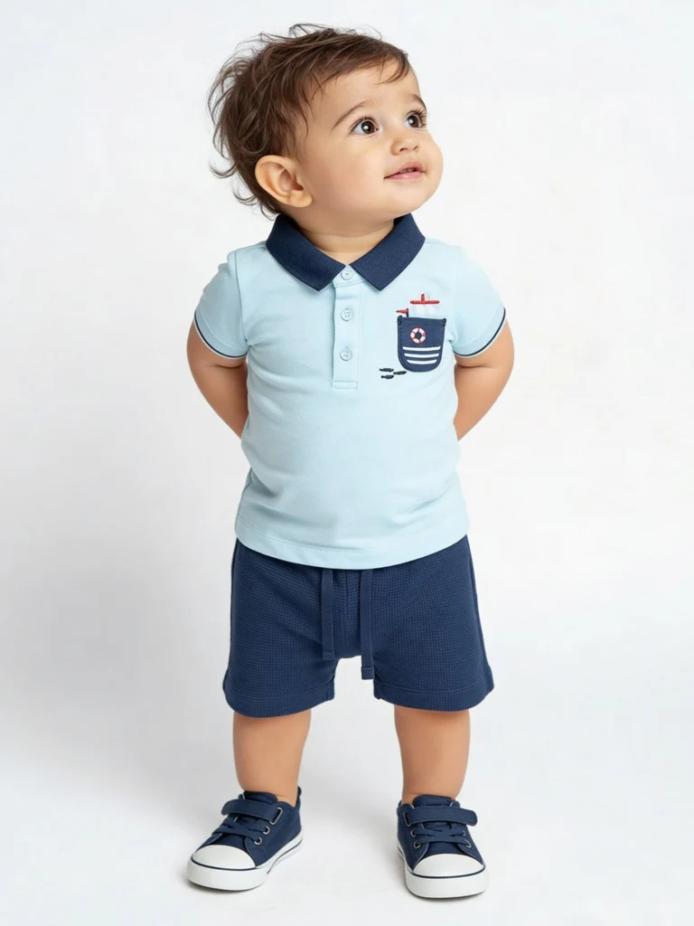 HOP Baby Boys Blue Cotton Polo T-Shirt and Shorts Set
