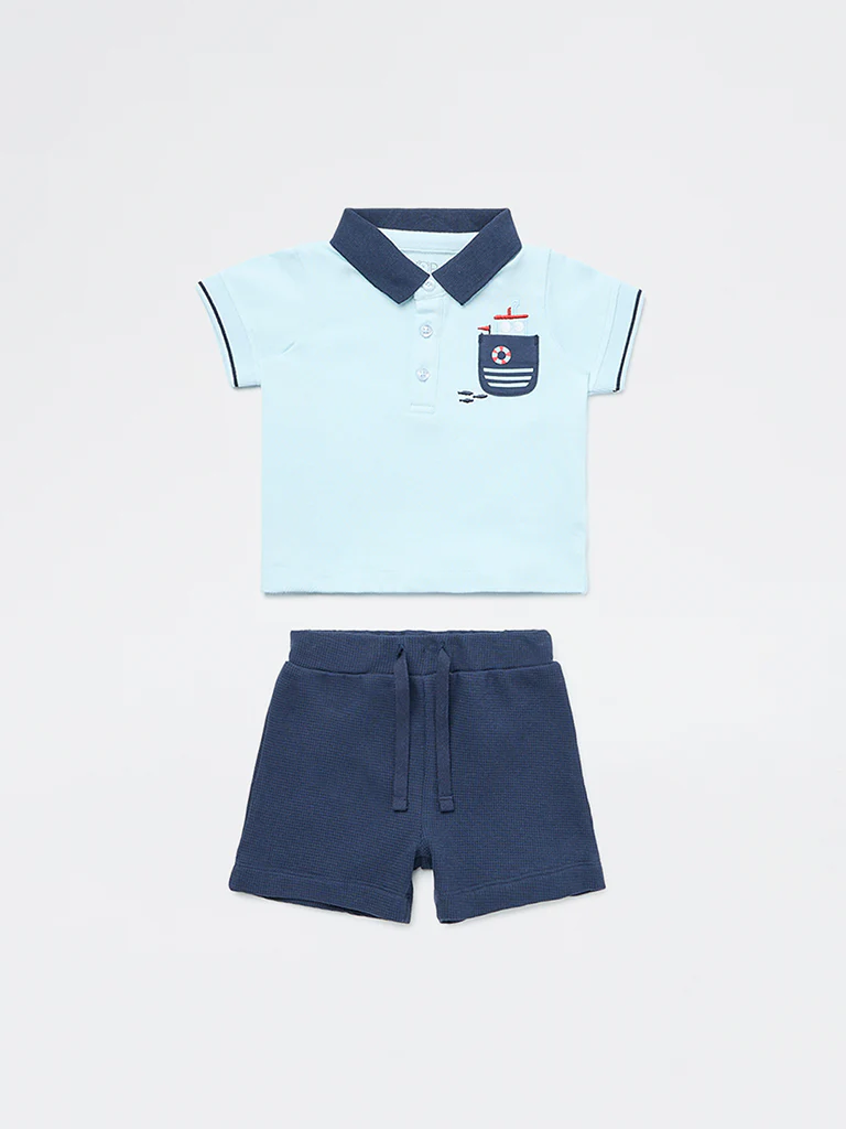 HOP Baby Boys Blue Cotton Polo T-Shirt and Shorts Set - Image 2
