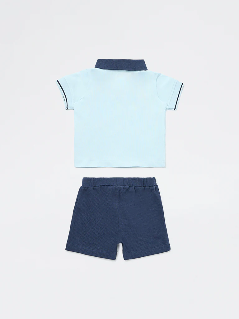 HOP Baby Boys Blue Cotton Polo T-Shirt and Shorts Set - Image 3