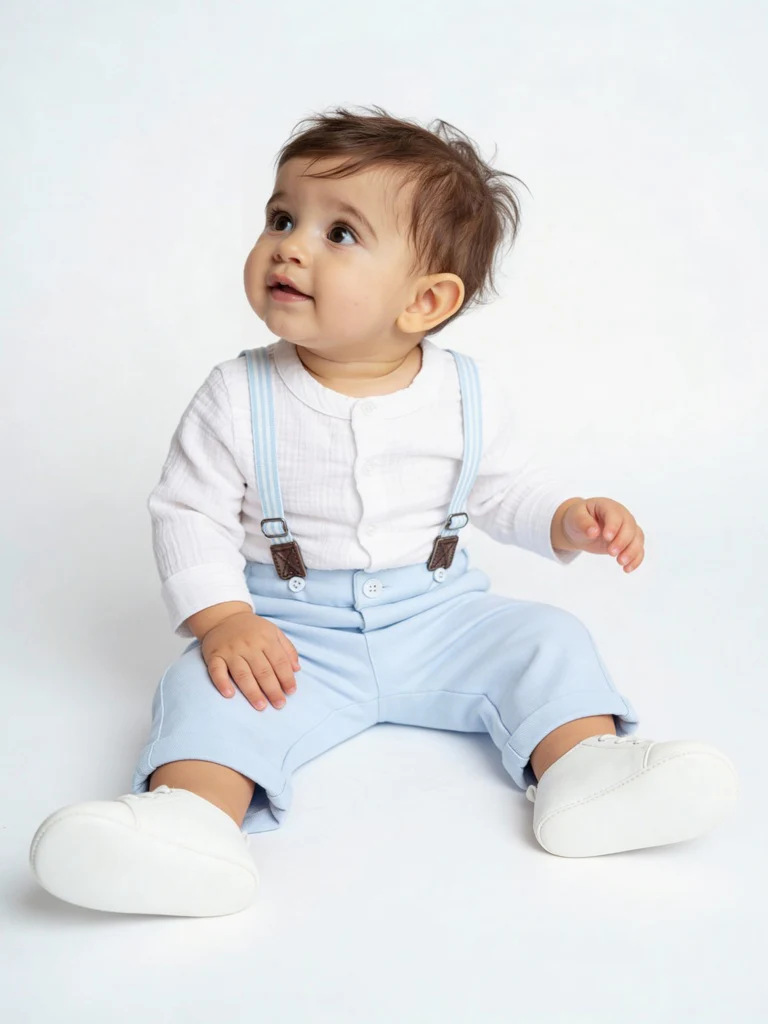 HOP Baby Boys Blue Cotton Shirt, Trousers and Suspenders Set
