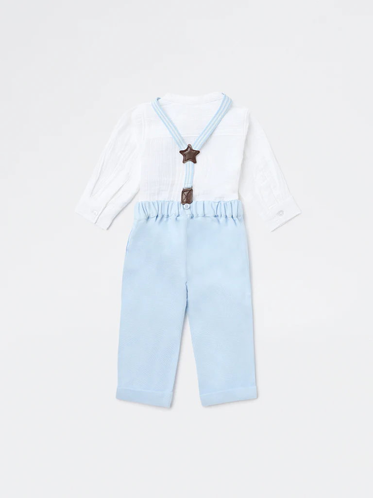 HOP Baby Boys Blue Cotton Shirt, Trousers and Suspenders Set - Image 3