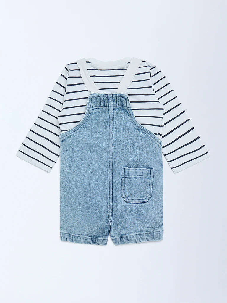 HOP Baby Boys Blue Denim Dungaree with T-Shirt Set - Image 3
