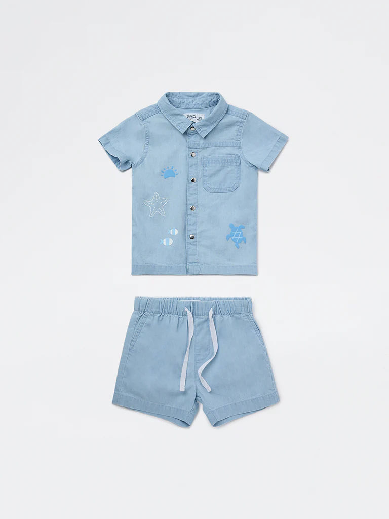 HOP Baby Boys Blue Denim Shirt and Shorts Set - Image 2
