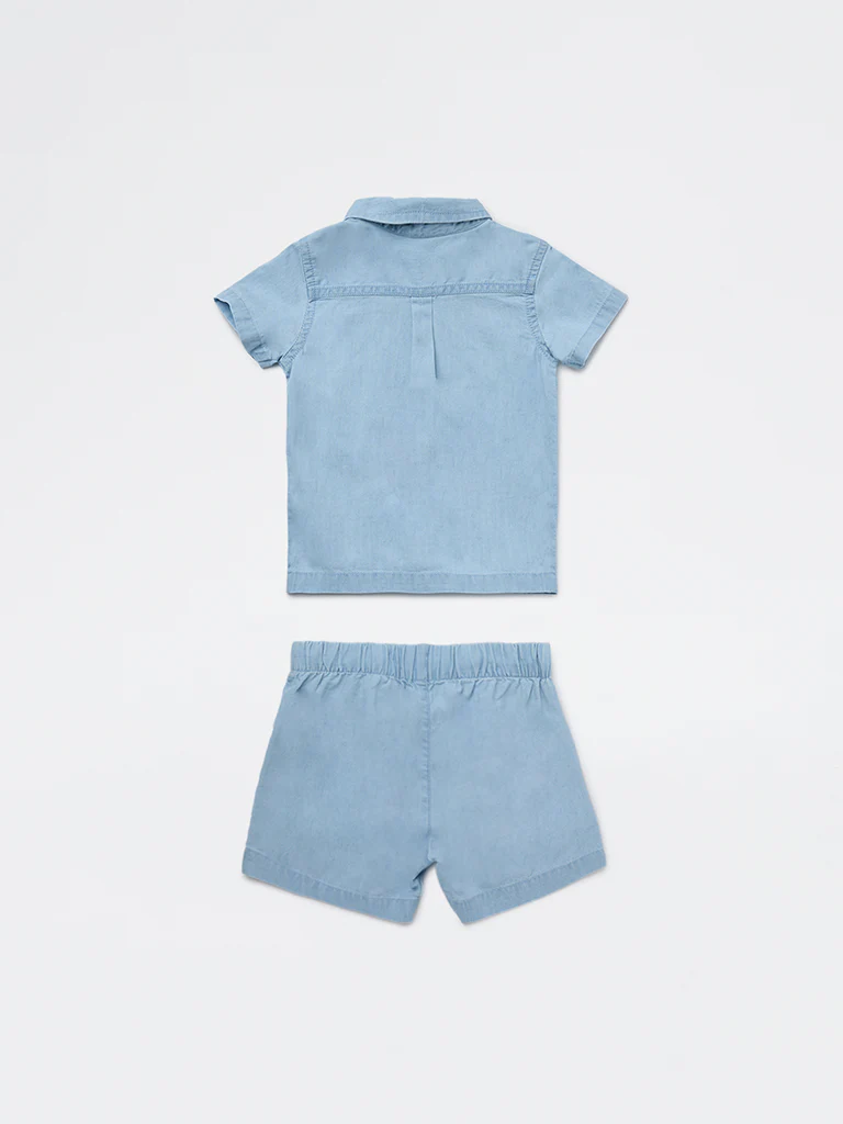 HOP Baby Boys Blue Denim Shirt and Shorts Set - Image 3