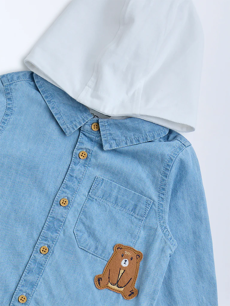 HOP Baby Boys Blue Denim Shirt with Hood - Image 4