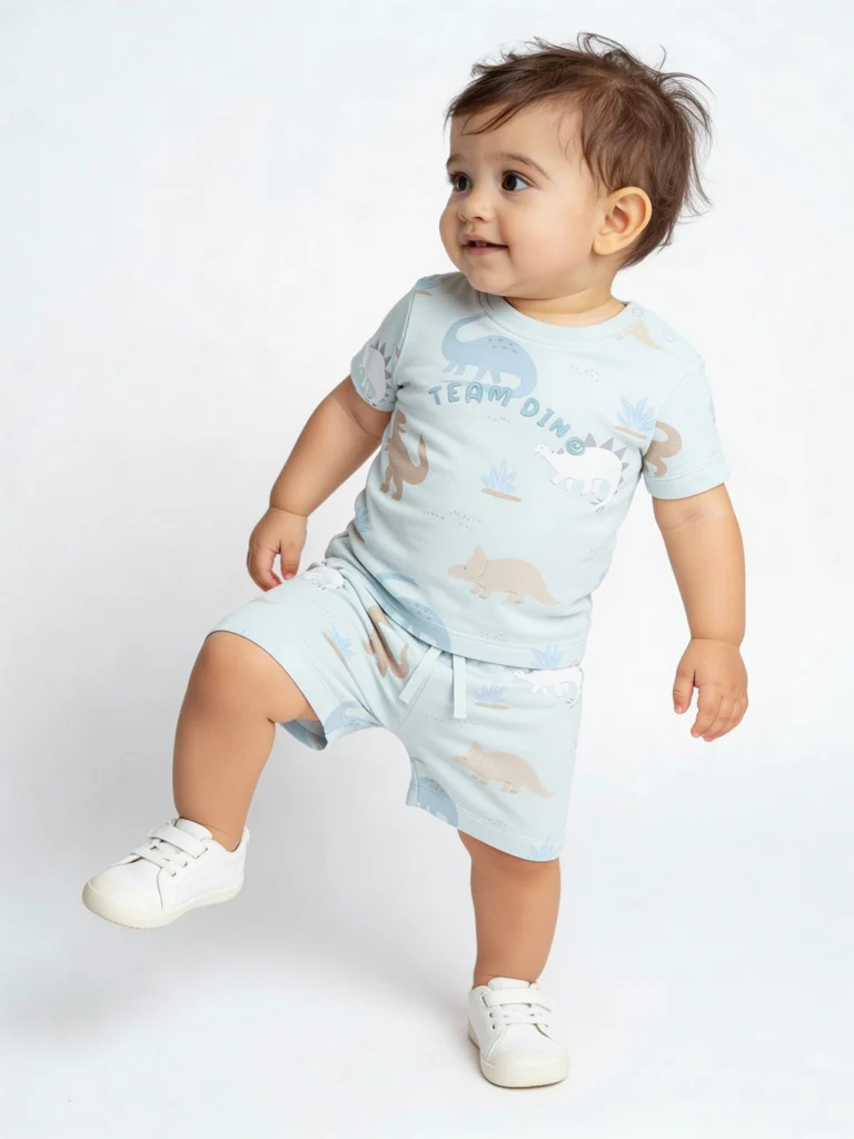 HOP Baby Boys Blue Dinosaur Printed Cotton T-Shirt and Shorts Set