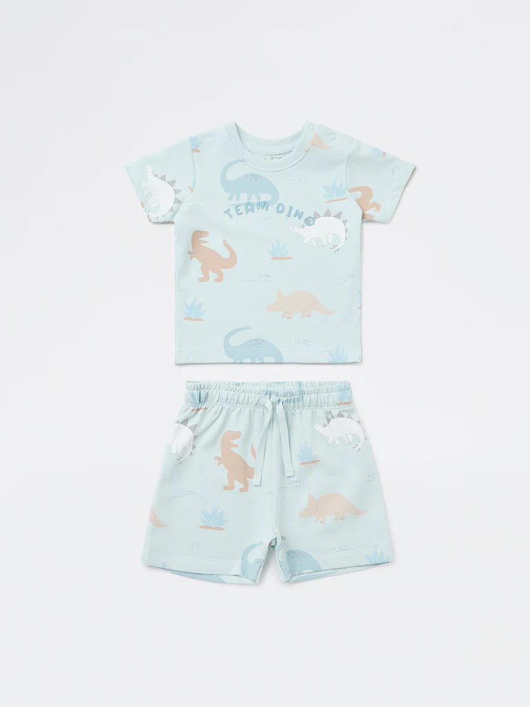 HOP Baby Boys Blue Dinosaur Printed Cotton T-Shirt and Shorts Set - Image 2