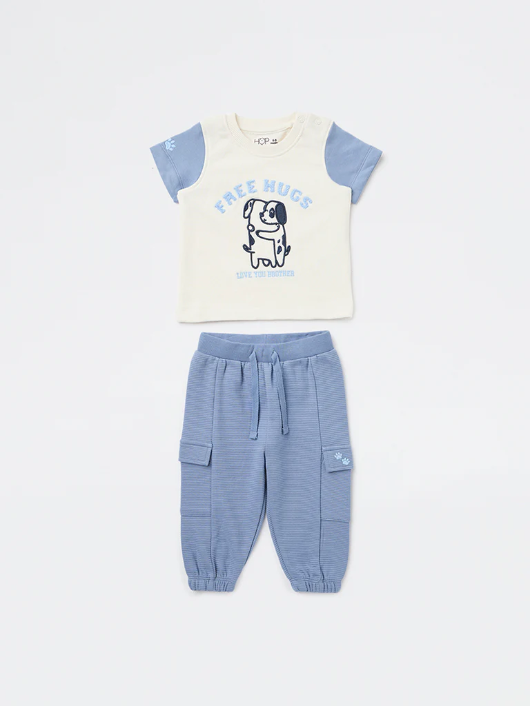 HOP Baby Boys Blue Embroidered Cotton T-Shirt and Joggers Set - Image 2
