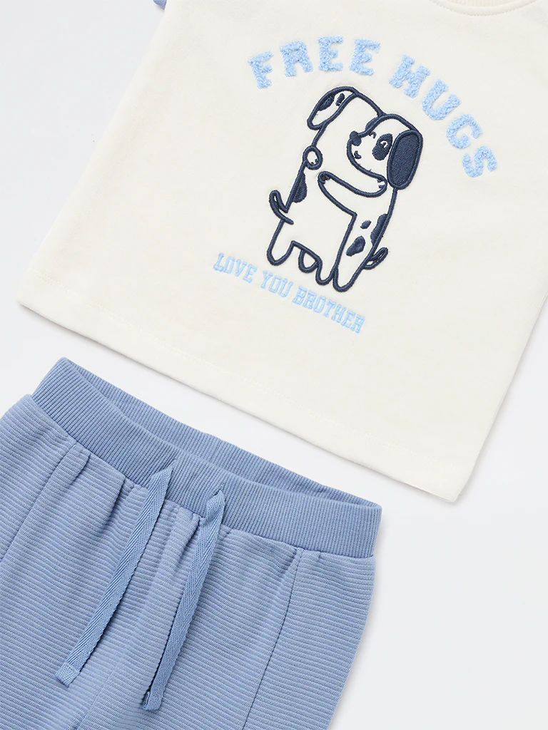 HOP Baby Boys Blue Embroidered Cotton T-Shirt and Joggers Set - Image 4