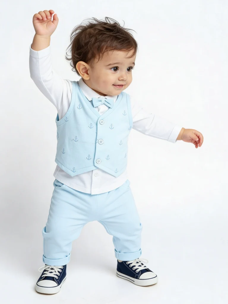 HOP Baby Boys Blue Embroidered Cotton Waistcoat, Shirt, Trousers and Bow Set