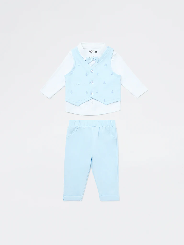 HOP Baby Boys Blue Embroidered Cotton Waistcoat, Shirt, Trousers and Bow Set - Image 2