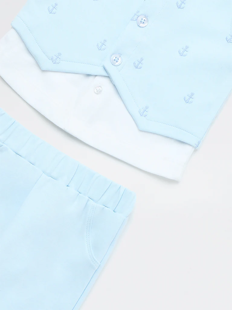 HOP Baby Boys Blue Embroidered Cotton Waistcoat, Shirt, Trousers and Bow Set - Image 4
