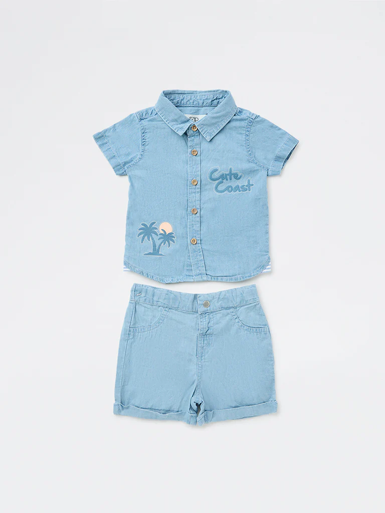 HOP Baby Boys Blue Embroidered Denim Shirt and Shorts Set - Image 2
