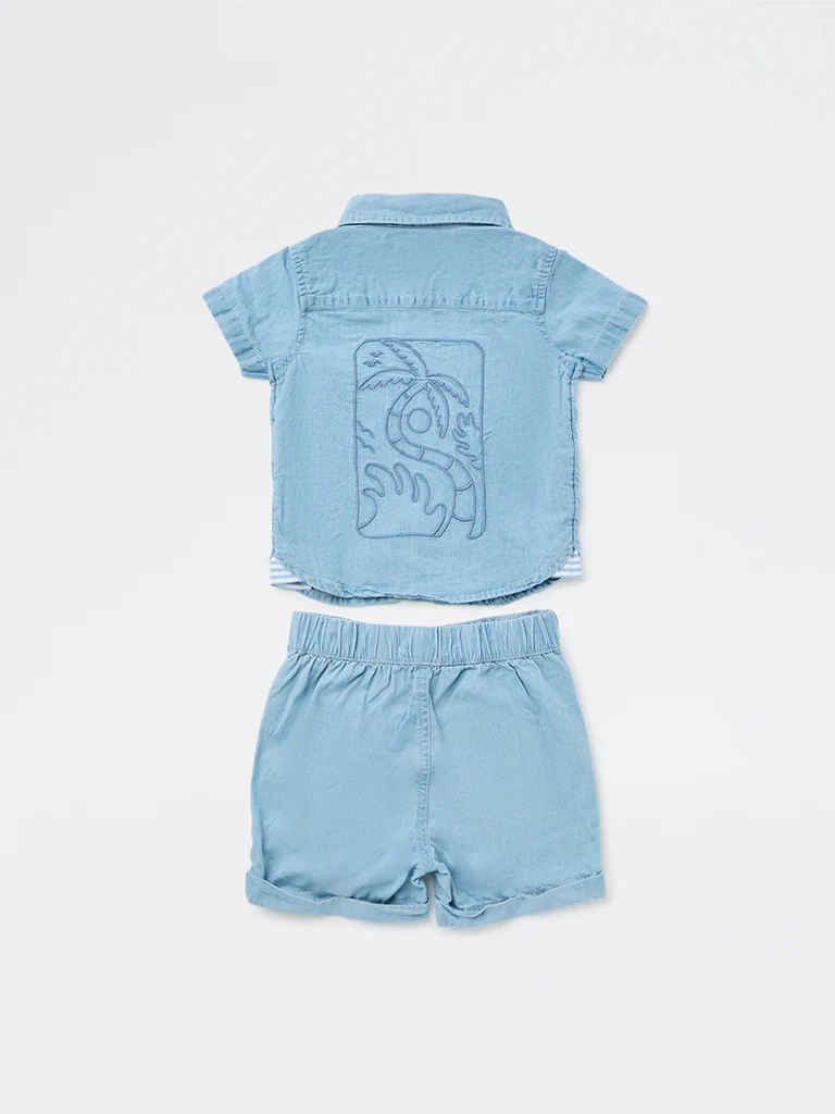 HOP Baby Boys Blue Embroidered Denim Shirt and Shorts Set - Image 3