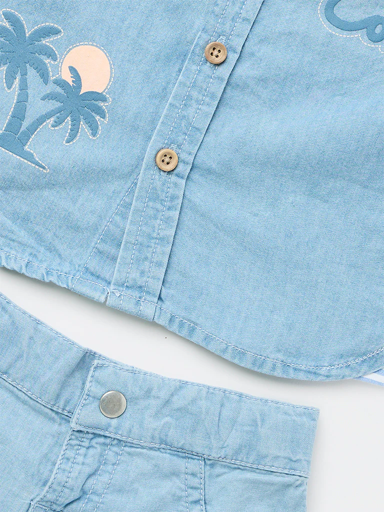 HOP Baby Boys Blue Embroidered Denim Shirt and Shorts Set - Image 4