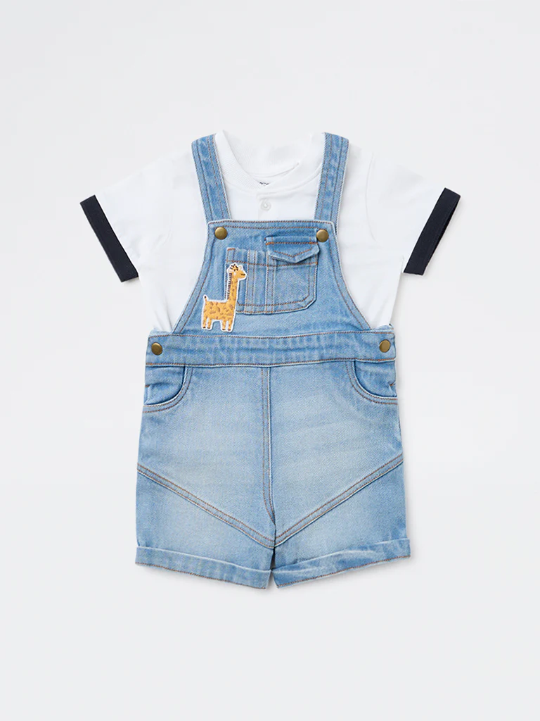 HOP Baby Boys Blue Embroidered T-Shirt and Denim Dungaree Set - Image 2