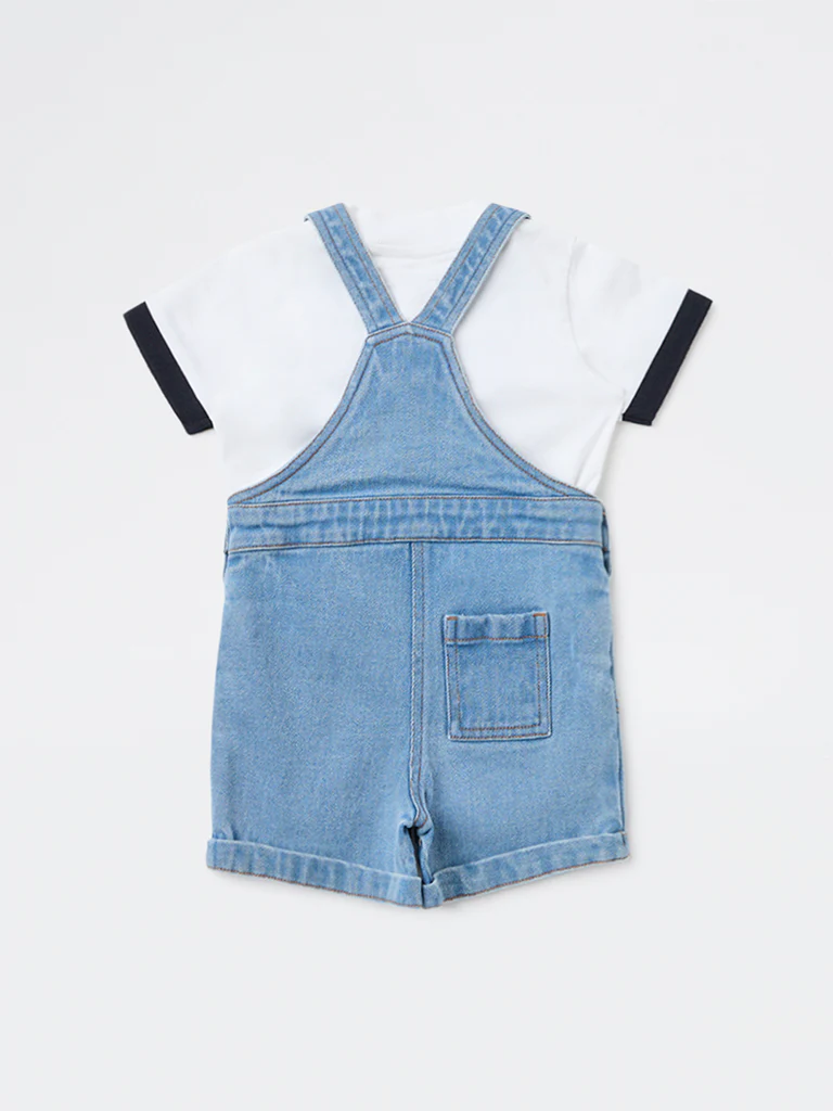 HOP Baby Boys Blue Embroidered T-Shirt and Denim Dungaree Set - Image 3