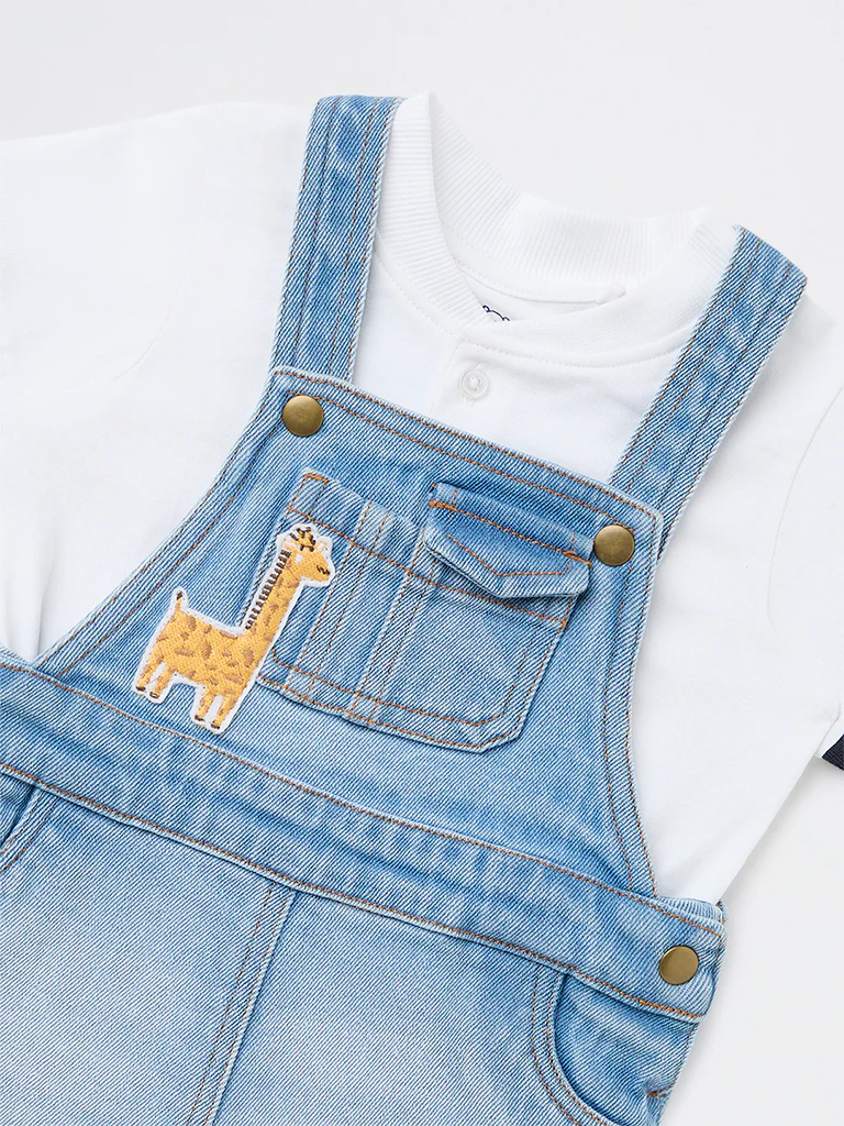 HOP Baby Boys Blue Embroidered T-Shirt and Denim Dungaree Set - Image 4