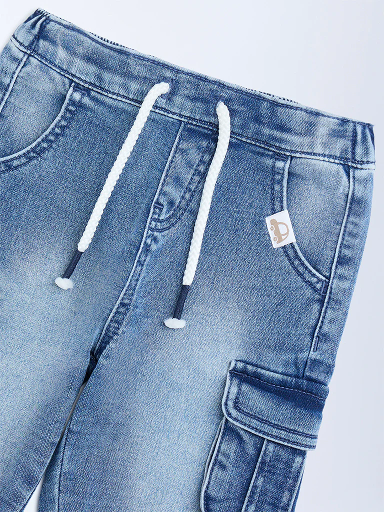 HOP Baby Boys Blue Faded Mid-Rise Denim Joggers - Image 5
