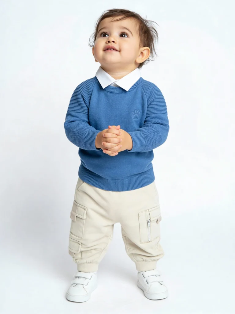 HOP Baby Boys Blue Knit-Textured Cotton Sweater