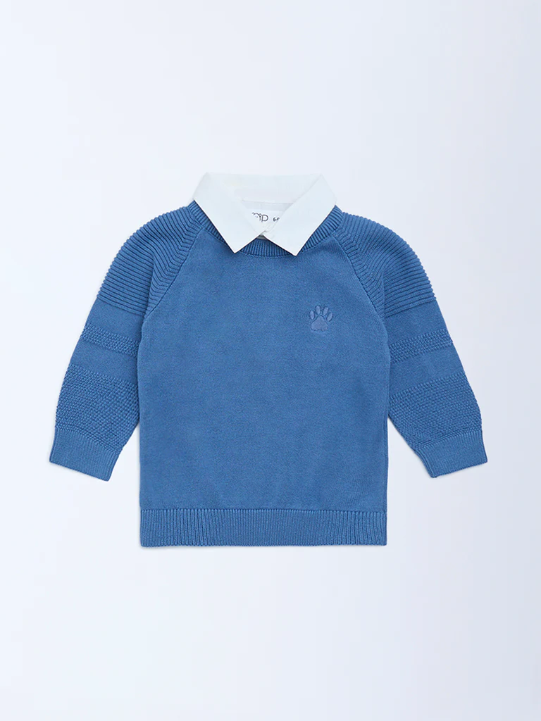 HOP Baby Boys Blue Knit-Textured Cotton Sweater - Image 2