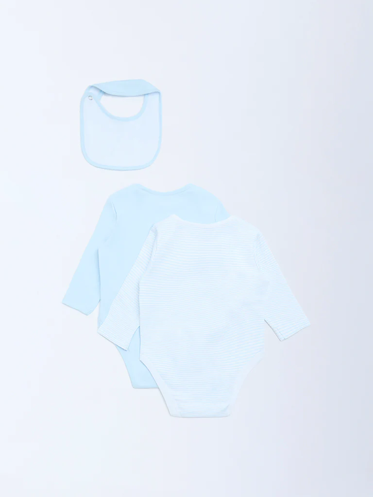 HOP Baby Boys Blue Printed Cotton Rompers and Bib - Pack of 2 - Image 3