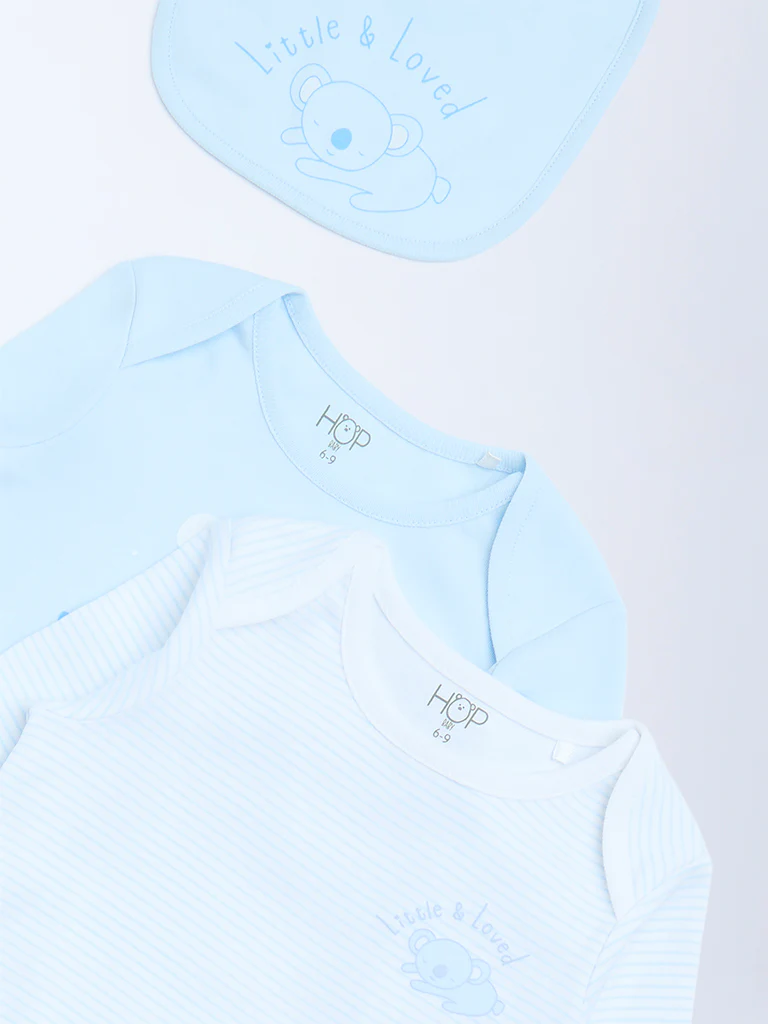 HOP Baby Boys Blue Printed Cotton Rompers and Bib - Pack of 2 - Image 4