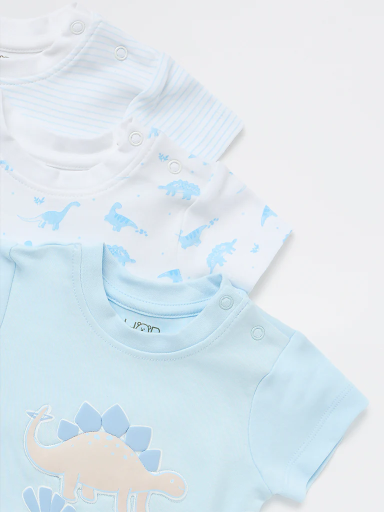 HOP Baby Boys Blue Printed Cotton Rompers (Pack of 3) - Image 4